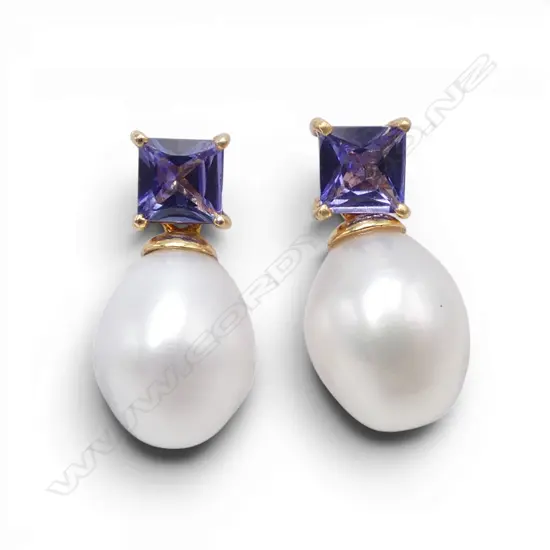 14ct GOLD, TANZANITE & PEARL EARRINGS, STUDS 4.31gm