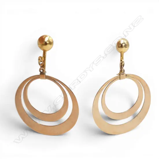 PAIR 9ct GOLD dble circle DROP EARRINGS plated clip-on fittings 5.3gms