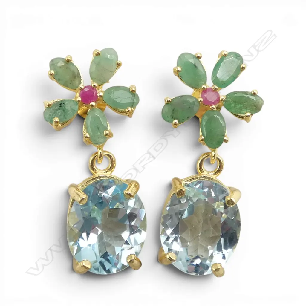 PAIR SILVER GILT BLUE TOPAZ/EMERALD/RUBY (treated) EARRINGS Image 1++