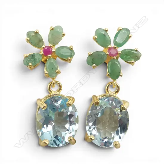 PAIR SILVER GILT BLUE TOPAZ/EMERALD/RUBY (treated) EARRINGS