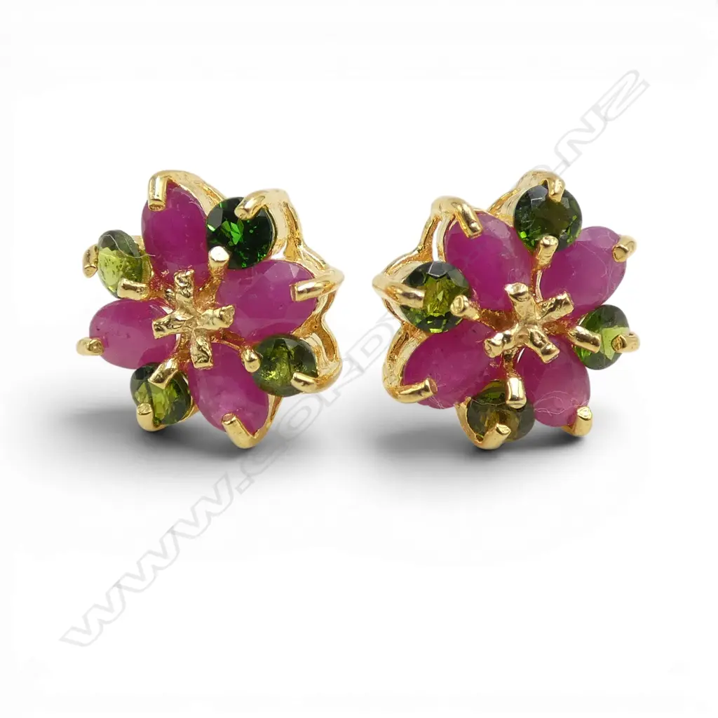 PAIR SILVER GILT CHROME TOURMALINE/RUBY (treated) CLUSTER EARRINGS Image 1++