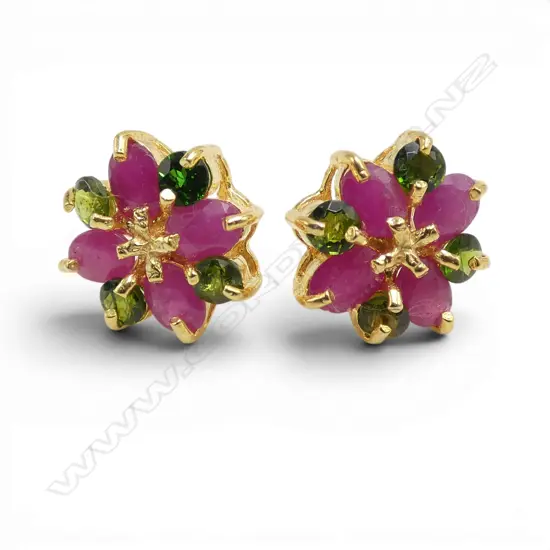 PAIR SILVER GILT CHROME TOURMALINE/RUBY (treated) CLUSTER EARRINGS