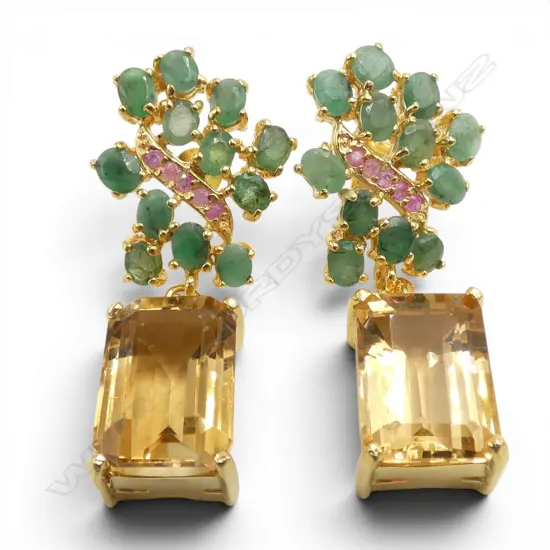 PAIR SILVER GILT CITRINE/EMERALD/RUBY (treated) EARRINGS