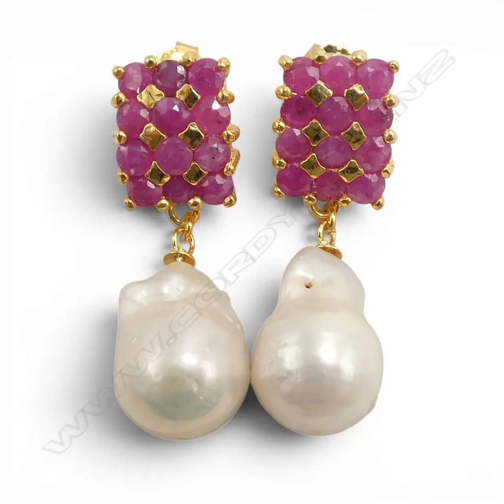 PAIR SILVER GILT BAROQUE PEARL AND RUBY (treated) EARRINGS  Image 1++