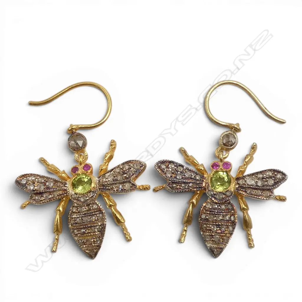 PAIR SILVER GILT ROSE DIAMONDS/PERIDOT/RUBY BEE EARRINGS  Image 1++