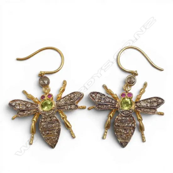 PAIR SILVER GILT ROSE DIAMONDS/PERIDOT/RUBY BEE EARRINGS 