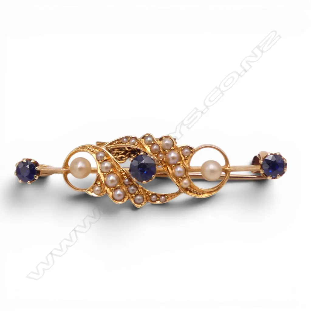 Victorian 15ct gold sapphire & pearl bar brooch 6gms Image 1++