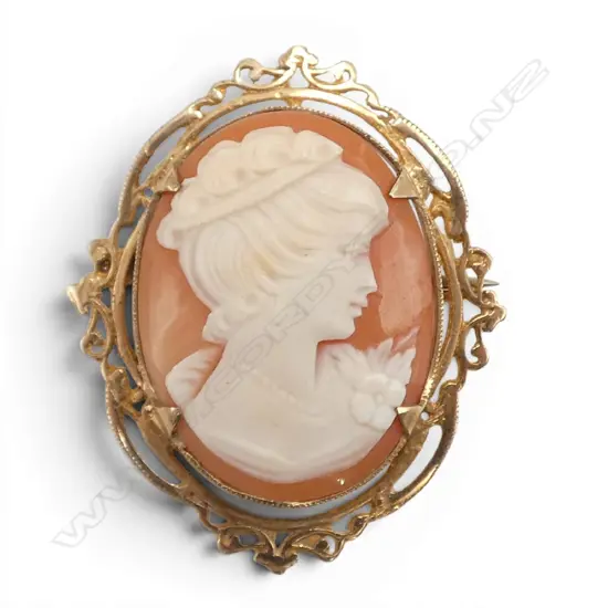 9ct YELLOW GOLD CAMEO BROOCH elegant woman in profile. 5.36gms