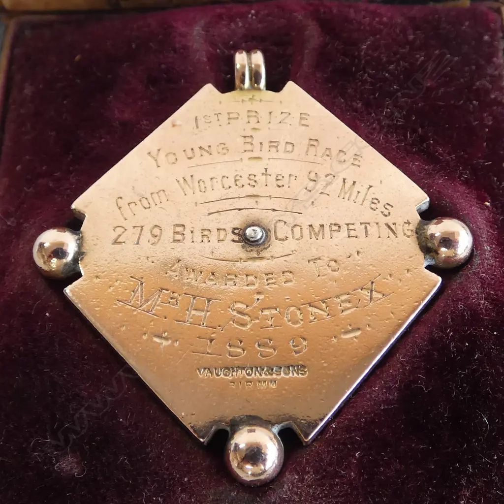 9CT 1889 1ST PRIZE 'PRESTWICH HOMING PIGEON SOCIETY' 17.8gms, w. ORIGINAL BOX FAULTED Image 1++