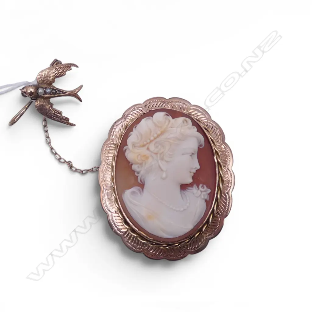 9CT GOLD CAMEO BROOCH WITH 9CT GOLD SWALLOW SAFTY CHAIN  15.9GMS Image 1++