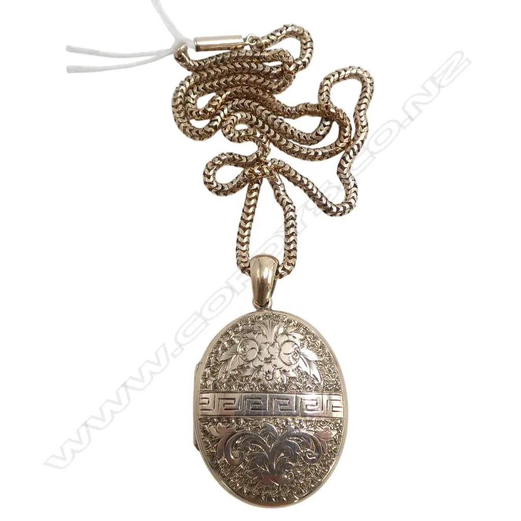 c.1900 GOLD PLATE scroll engraved locket ON 9ct GOLD snake link CHAIN. Chain = 7.3gms Image 1++