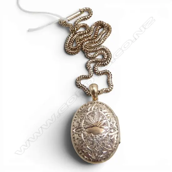 c.1900 GOLD PLATE scroll engraved locket ON 9ct GOLD snake link CHAIN. Chain = 7.3gms