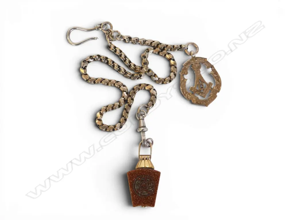 VICT. 9CT ROSE GOLD FOB CHAIN WITH 9CT GOLD MEDAL & GOLDSTONE PENDANT rolled gold top and bale.17.58gms CHAIN/MEDAL 35cm Image 1++