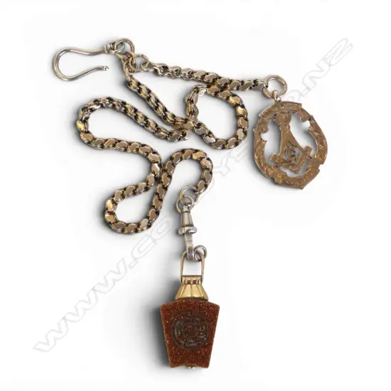 VICT. 9CT ROSE GOLD FOB CHAIN WITH 9CT GOLD MEDAL & GOLDSTONE PENDANT rolled gold top and bale.17.58gms CHAIN/MEDAL 35cm
