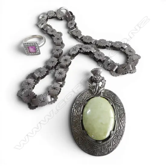 SCOTTISH SILVER MAYORAL CHAIN L.440mm 37gms, METAL & STONE PENDANT & STG CZ SILVER RING SIZE R
