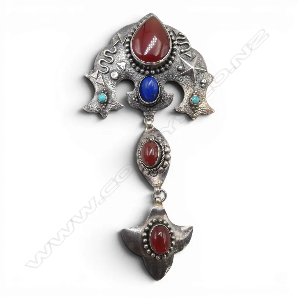 DESIGNER SILVER BROOCH gem set carnelian lapis & turquoise. 2 pendant drops Image 1++