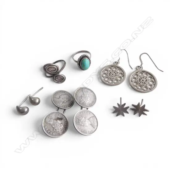 2 SILVER RINGS, 3 PRs EARRINGS no butterfly backs & PR CUFFLINKS 