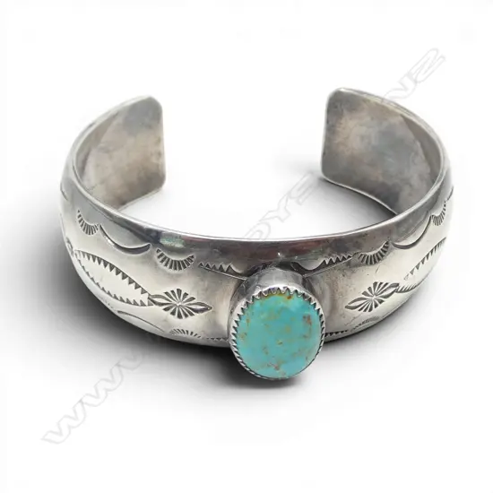 WIDE ENGRAVED SILVER CUFF with turquoise cabochon 46.8gms