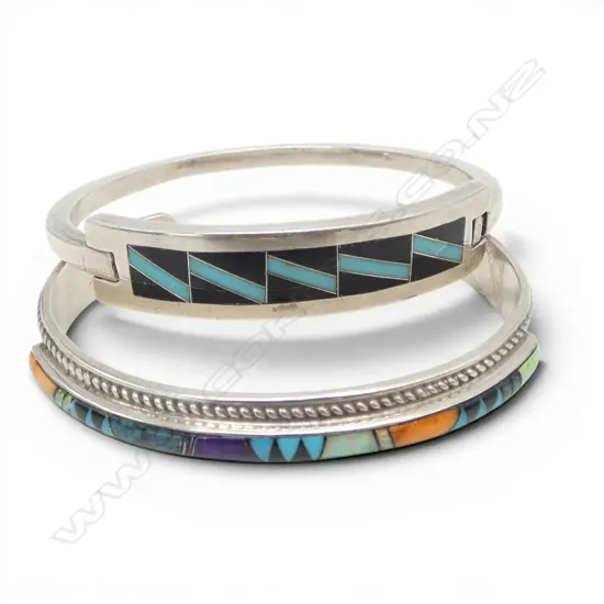 2 STG SILVER BANGLES with gemstone inlays. The cuff includes opal. 58gms