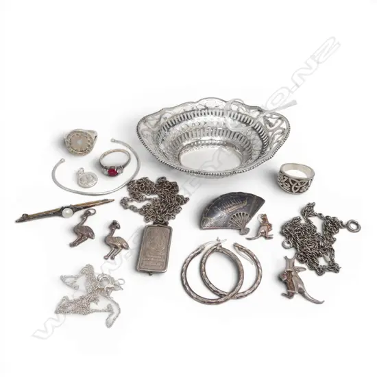 ASST. SILVER JEWELLERY & DISH: ring + earrings + necklaces + charms etc 80gms