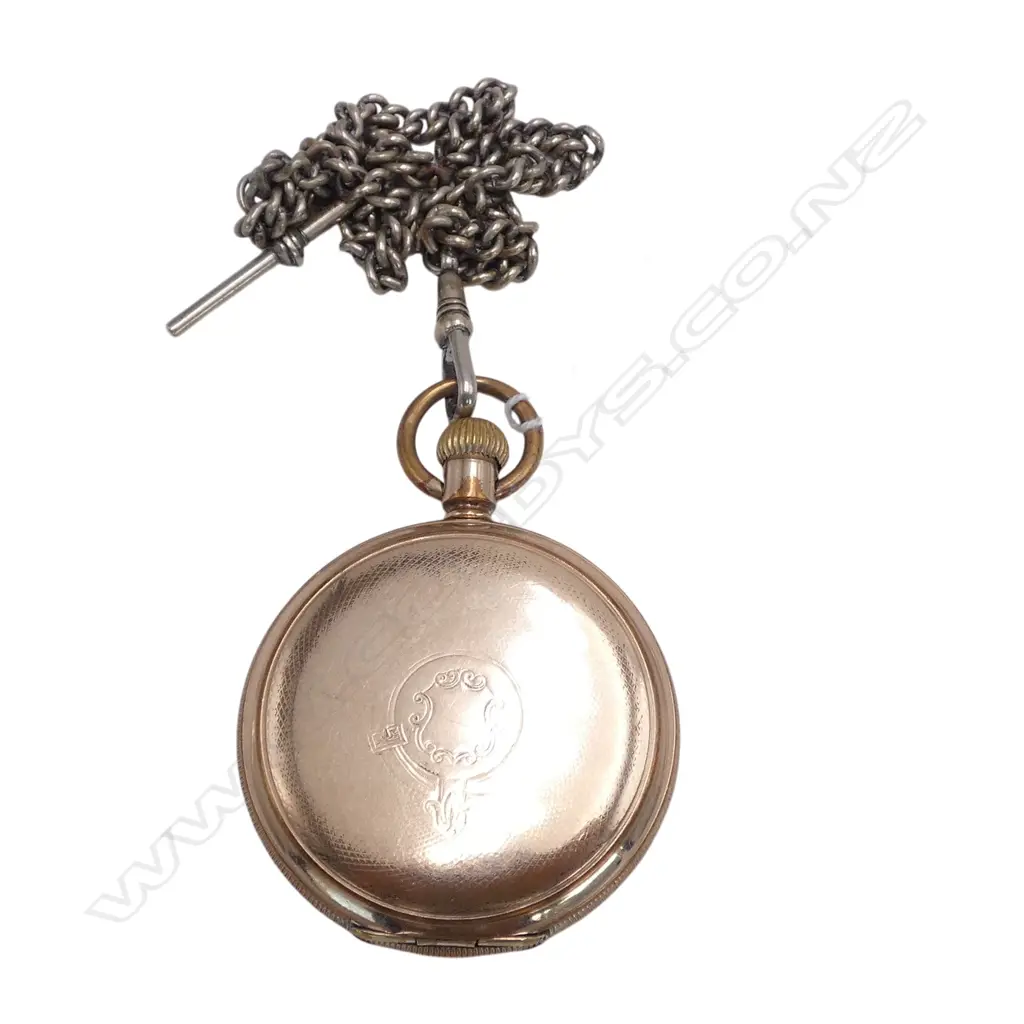 WALTHAM USA GOLD PLATE HUNTER POCKET WATCH & white metal FOB CHAIN Image 1++