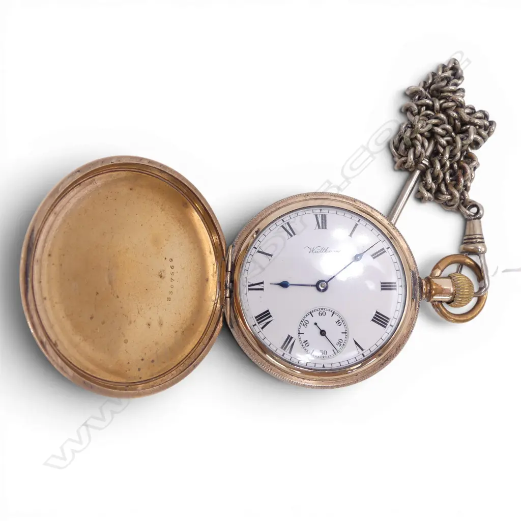 WALTHAM USA GOLD PLATE HUNTER POCKET WATCH & white metal FOB CHAIN Image 1++