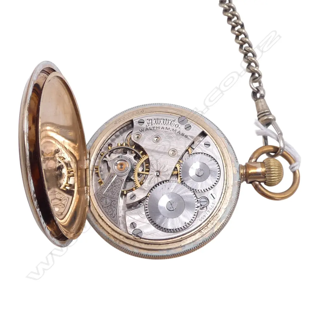 WALTHAM USA GOLD PLATE HUNTER POCKET WATCH & white metal FOB CHAIN Image 1++