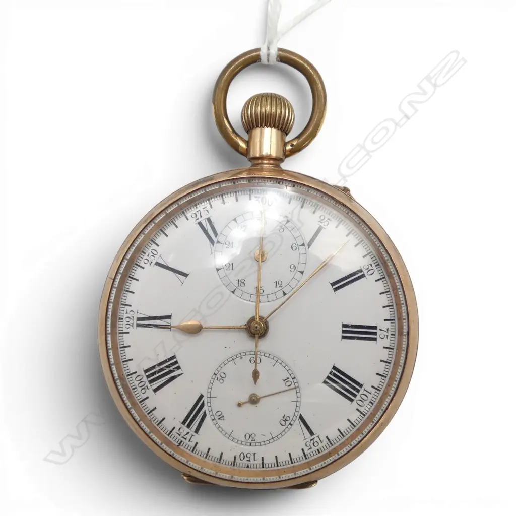 EARLY 20thC 9ct GOLD CHRONOMETER STOPWATCH open face. Plated dust cover. Running. 90gms Image 1++