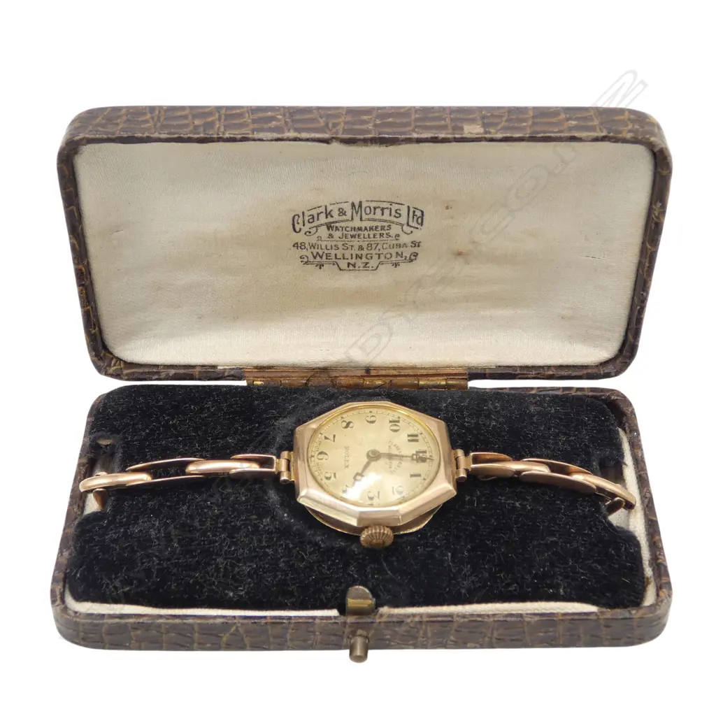 c.1920 LADIES ROLEX 9ct GOLD CASE & STRAP WRISTWATCH. running. In vintage box. 19.86gms total Image 1++