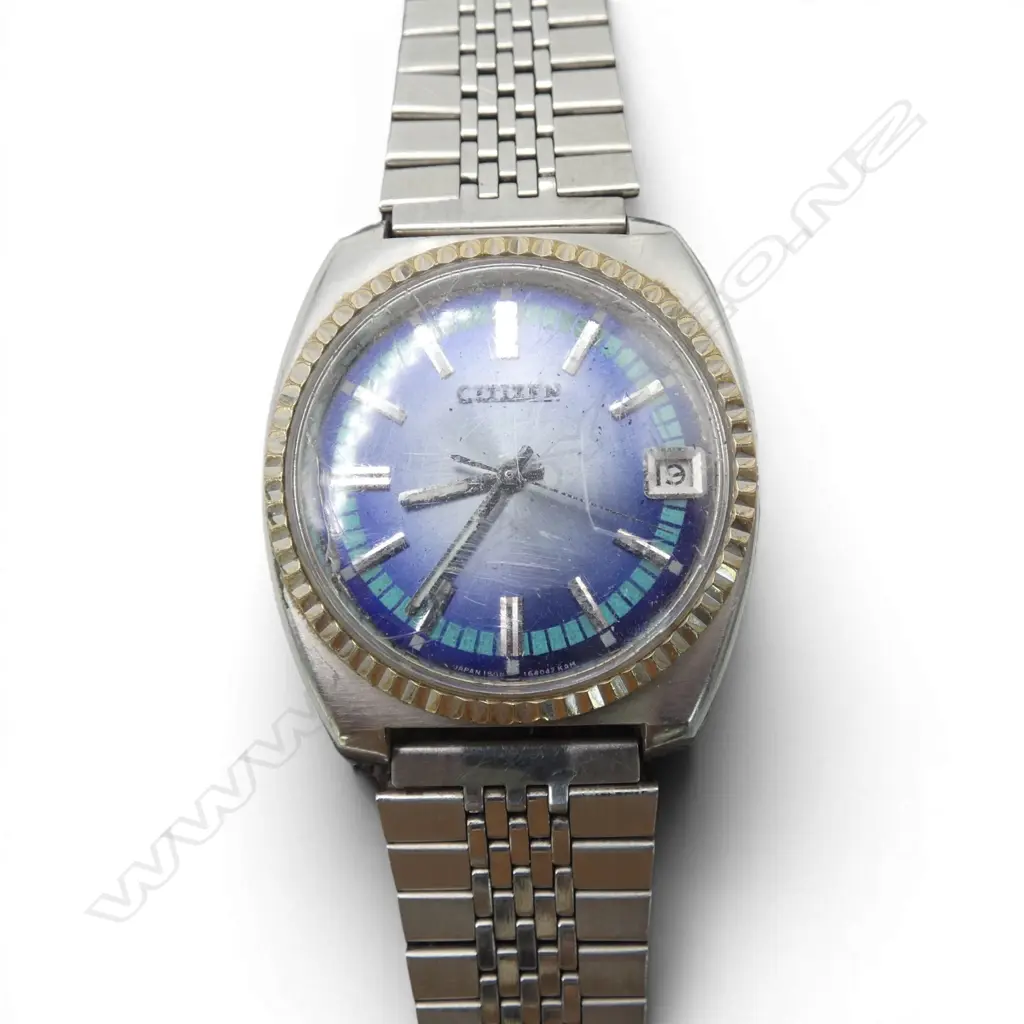 CITIZEN 1970'S AUTOMATIC GENT'S WRIST WATCH blue dial fluted bezel. Runs then stops Image 1++