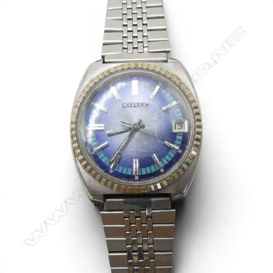 CITIZEN 1970'S AUTOMATIC GENT'S WRIST WATCH blue dial fluted bezel. Runs then stops