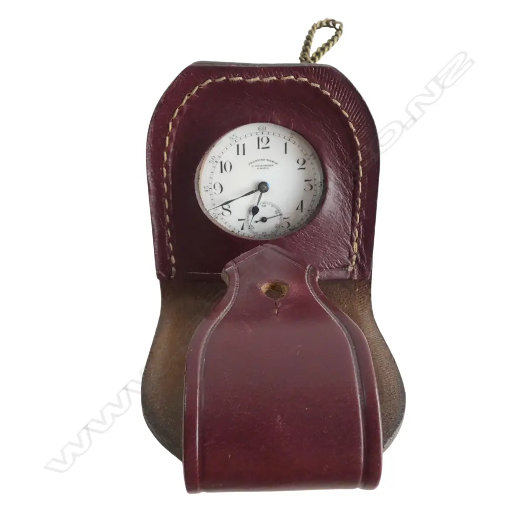 3 VINTAGE POCKET WATCHES; 14ct PLATED AMERICAN WALTHAM TRAVELER needs repair, OMEGA M & TRAMWAY TRAVELLER w leather case Image 1++