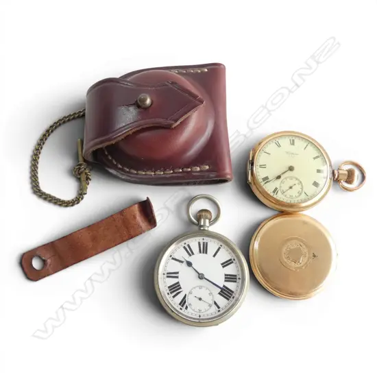 3 VINTAGE POCKET WATCHES; 14ct PLATED AMERICAN WALTHAM TRAVELER needs repair, OMEGA M & TRAMWAY TRAVELLER w leather case