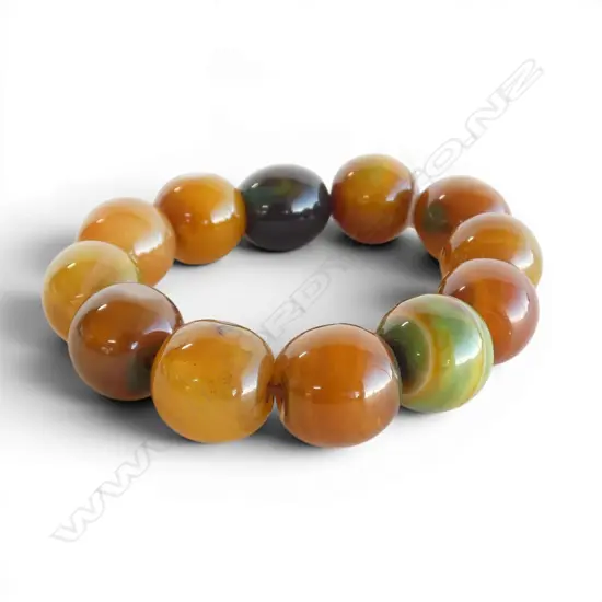 CHINESE BANDED VINTAGE AGATE 12 BEAD expanding BRACELET coloured orange/brown & green