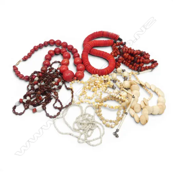 SELECTION TRIBAL & OTHER NECKLACES: RED STAINED WOOD + seed pods + shells & discs etc