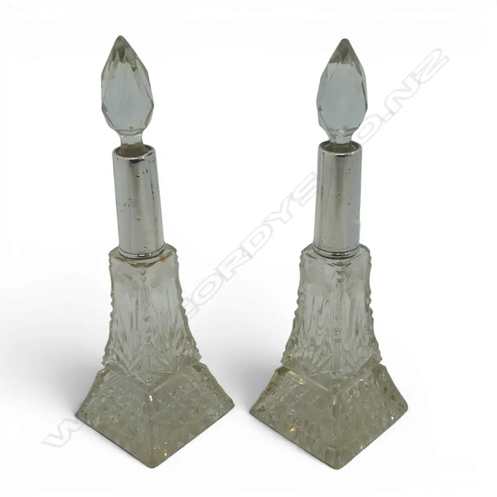 PR STG SILVER COLLARED CUT GLASS SCENT BOTTLES  w. original stoppers H.230mm Image 1++