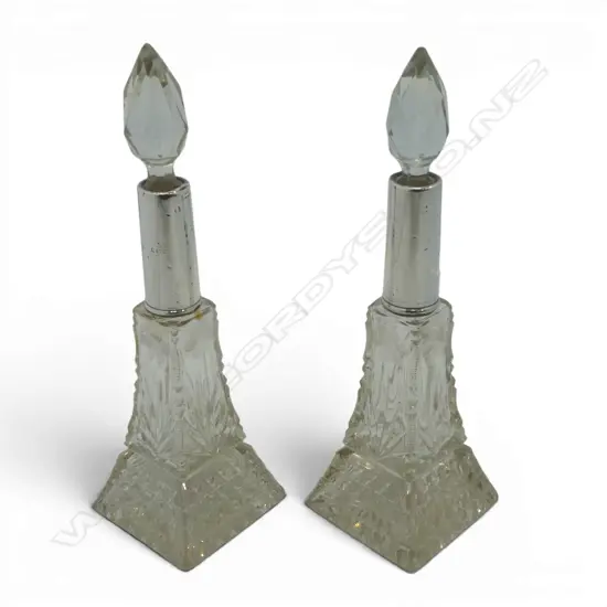 PR STG SILVER COLLARED CUT GLASS SCENT BOTTLES  w. original stoppers H.230mm