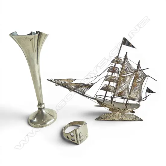 STG SILVER BOAT, RING 27gms + SMALL WEIGHTED TRUMPET VASE H.95mm