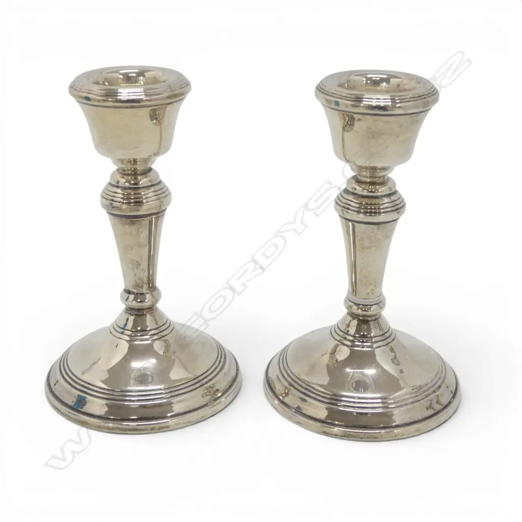 PAIR STG SILVER SHORT COLUMN CANDLESTICKS Birmingham 1985. Filled bases. 226gms total Image 1++
