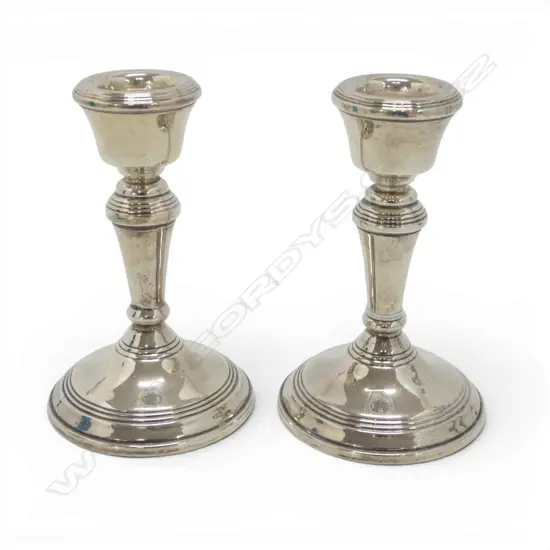 PAIR STG SILVER SHORT COLUMN CANDLESTICKS Birmingham 1985. Filled bases. 226gms total