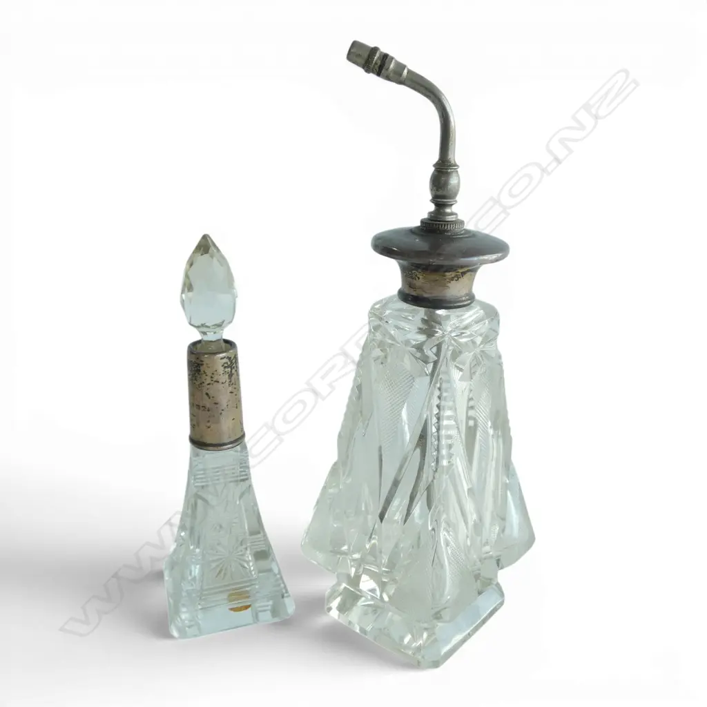 2 S/SILVER TOPPED CRYSTAL SCENT BOTTLES H200MM TALLEST Image 1++
