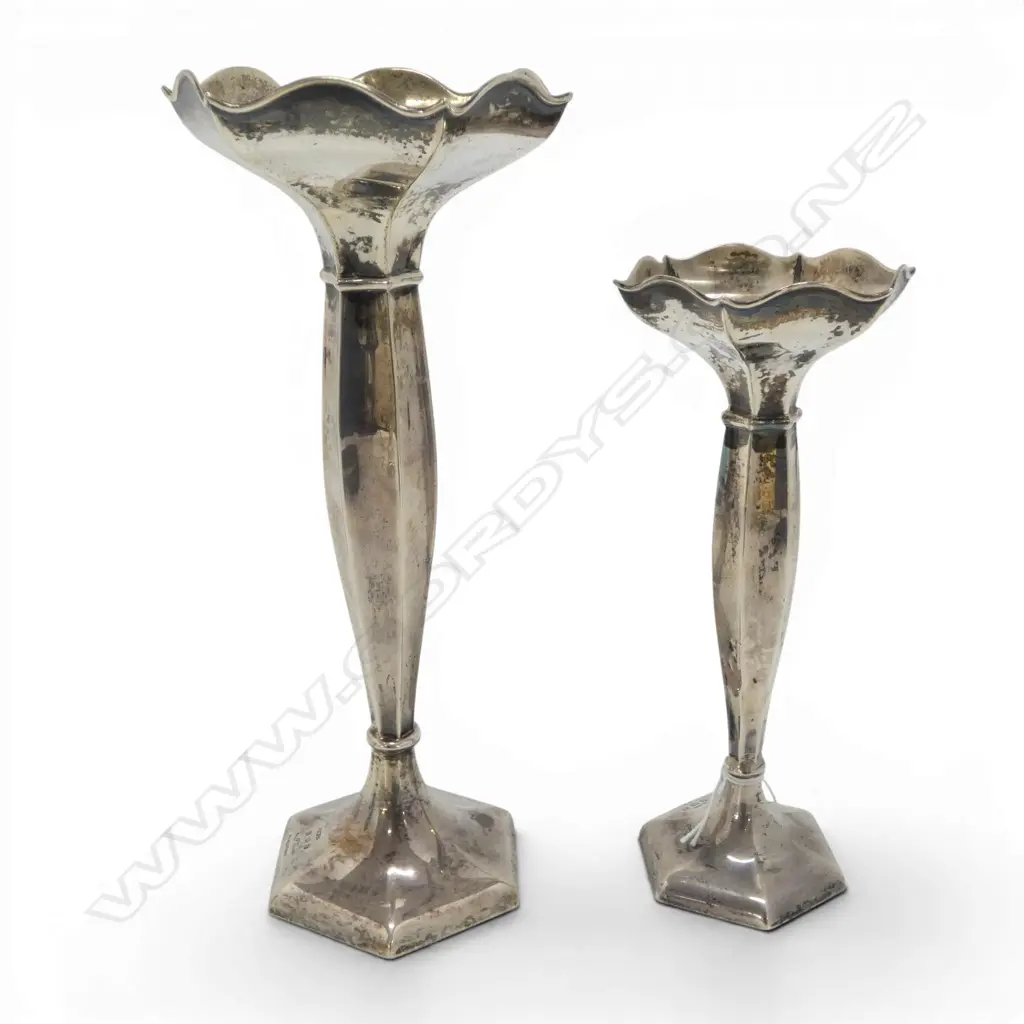 2 STG SILVER VASES MARKED 'EXTRA HEAVY SILVER' B'HAM 1920 H.220, 175mm WEIGHTED Image 1++