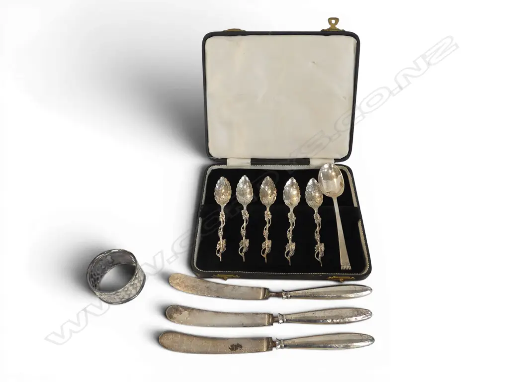 6 SILVER SPOONS + STG SILVER NAPKIN RING 62gms + STG SILVER HANDLED KNIVES Image 1++