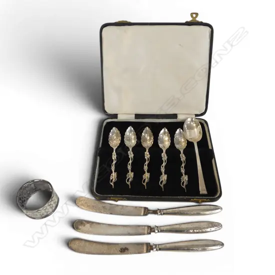 6 SILVER SPOONS + STG SILVER NAPKIN RING 62gms + STG SILVER HANDLED KNIVES