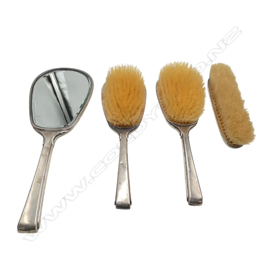 4 PCE STG SILVER DRESSING SET; HAND MIRROR & 3 BRUSHES, LONDON 1940 Image 1++