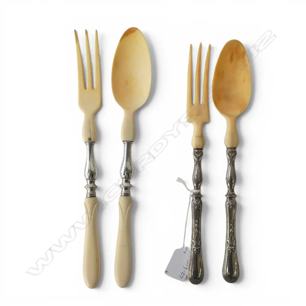 FOUR IVORY & SIL HANDLE SALAD SERVERS PROBABLY FRENCH Image 1++