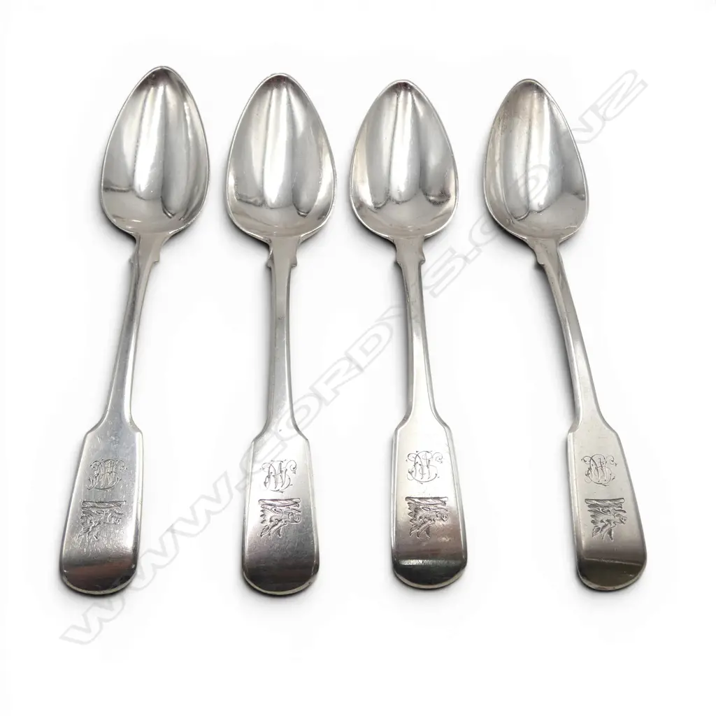 4 GEORGIAN STG SILVER DESSERT SPOONS, LONDON L.175mm 201gms  Image 1++
