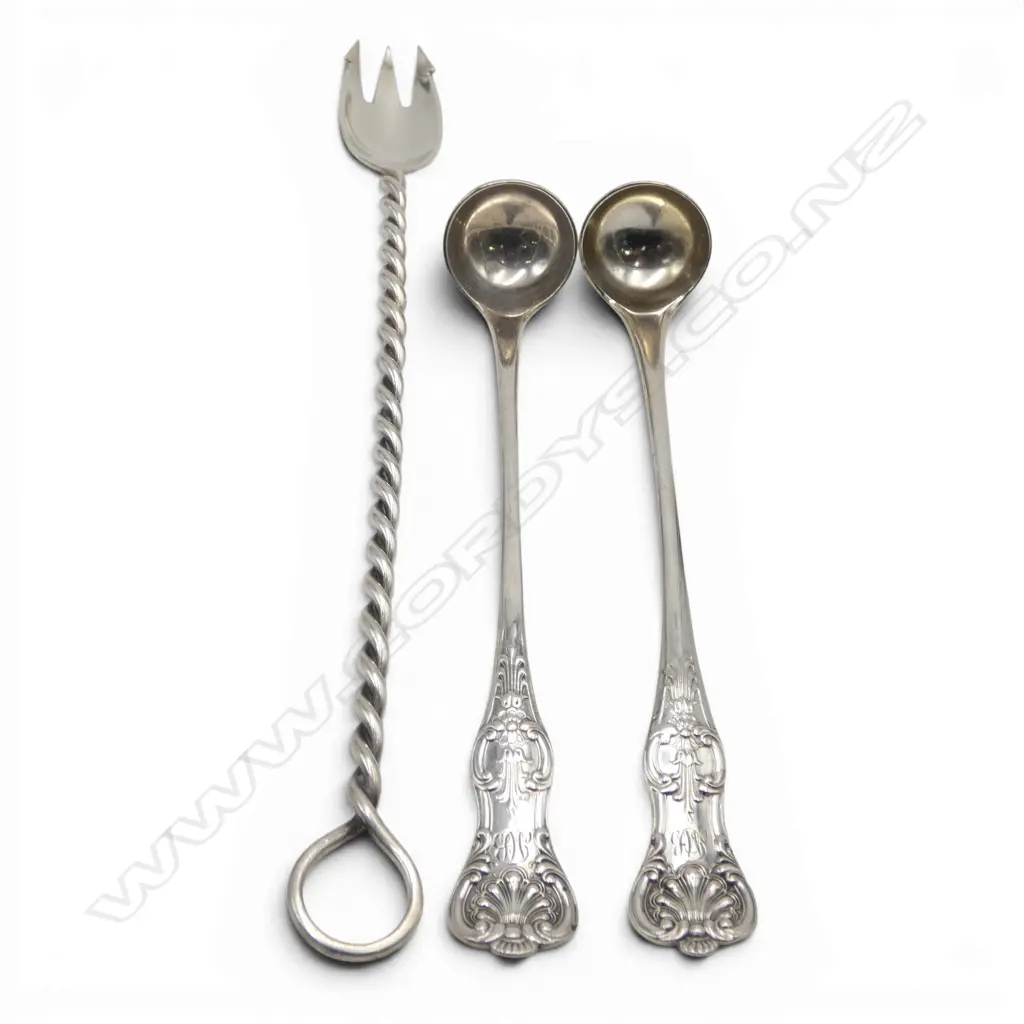 3 PCES STG SILVER; PR SPOONS GLASGOW 1859/60 + FORKED SPOON L.200mm 71gms  Image 1++
