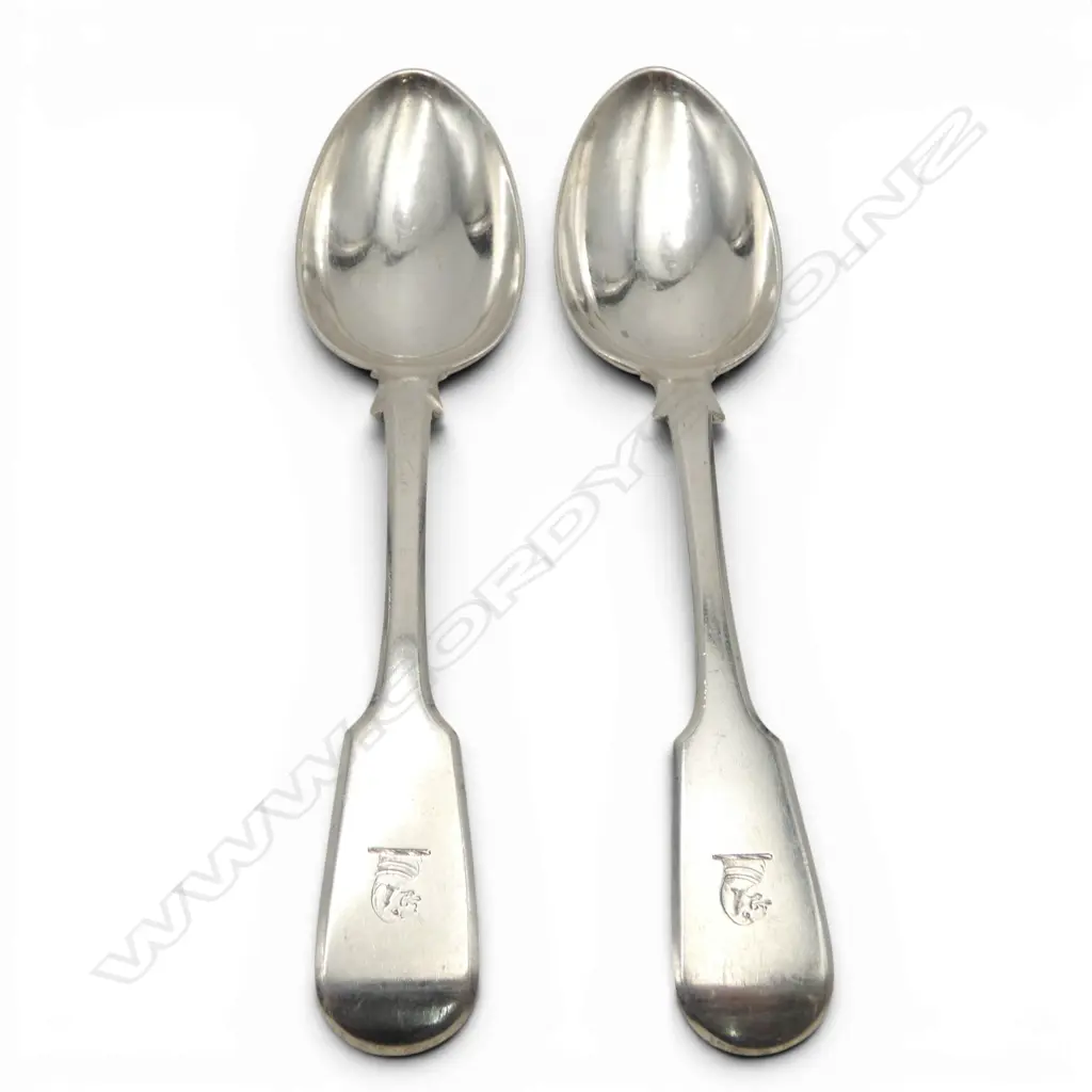 2 STG SILVER DESSERT SPOONS, LONDON 1850 111gms Image 1++