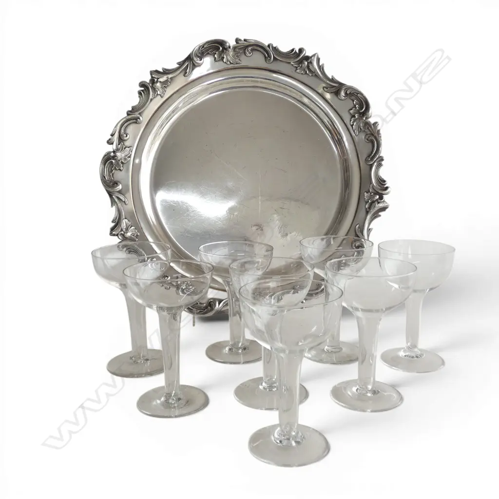 8 HOLLOW STEM CHAMPAGNE GLASSES H.125mm ON OLD SHEFFIELD PLATE TRAY (EX DAVID COOKE ANTIQUES) 380mm dia Image 1++